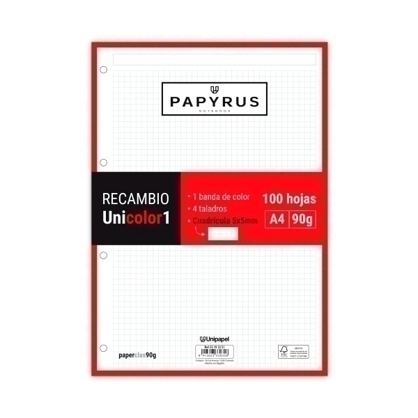 RECAMBIO PAPYRUS A4 100H 90GR 5X5  ROJO
