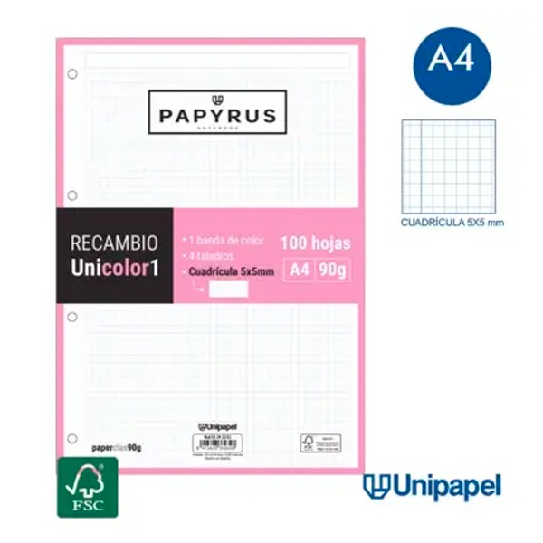 RECAMBIO PAPYRUS A4 100H 90GR 5X5  ROSA