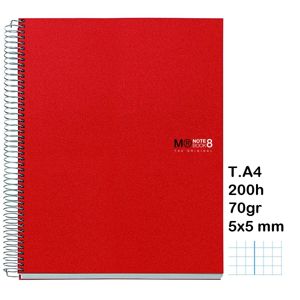 CUADERNO NOTEBOOK 200H 5X5 A4 ROJO