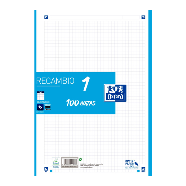 RECAMBIO A4 OXFORD 100H 90GR 5X5 TURQUES