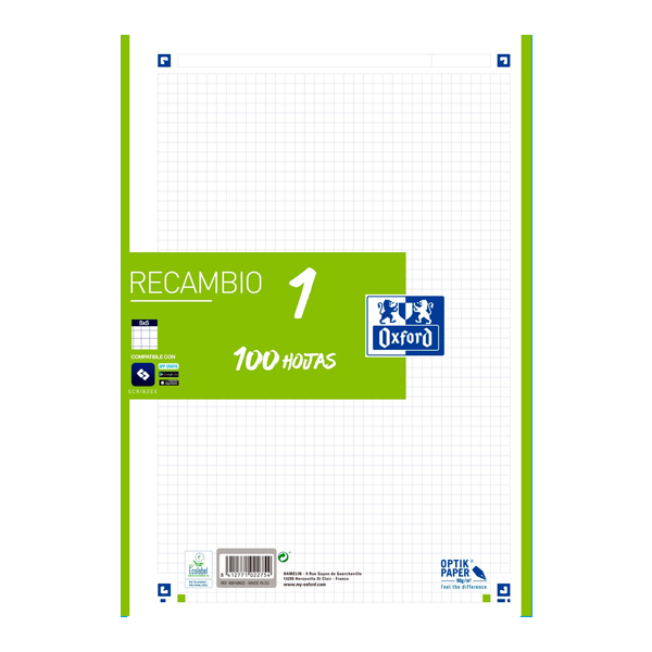 RECAMBIO A4 OXFORD 100H 90GR 5X5 VERDE
