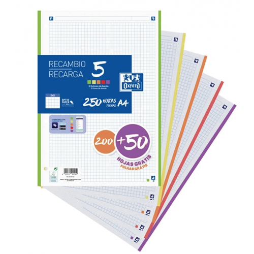 RECAMBIO 200+50H A4 5X5 5 COLORES OXFORD