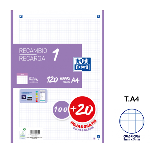 RECAMBIO A4 OXFORD 100H 90GR 5X5 LILA