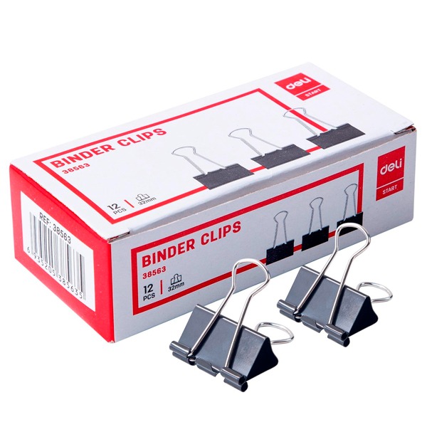 CAJA 12 PINZAS ABATIBLES DELI 32MM NEGR