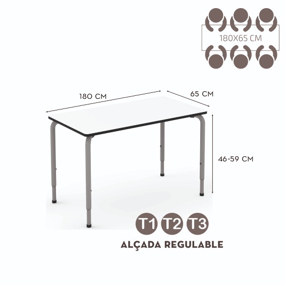 MESA RECTANGLE 180X65CM BLANCA T1/T2/T3