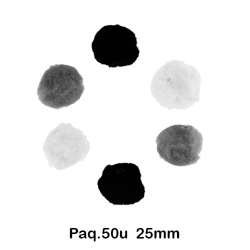 PAQ 50 POMPONES 25MM BL/GR/NE CON TUBO