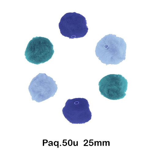 P. 50 POMPONES 25MM 3 TONOS AZUL C/TUBO
