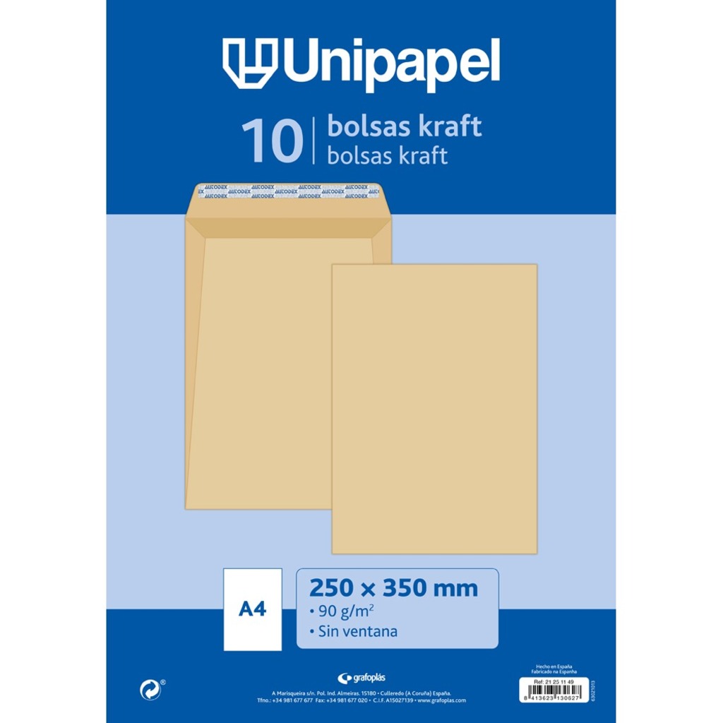 pack 10 bolsas kraft 250x350mm unipapel