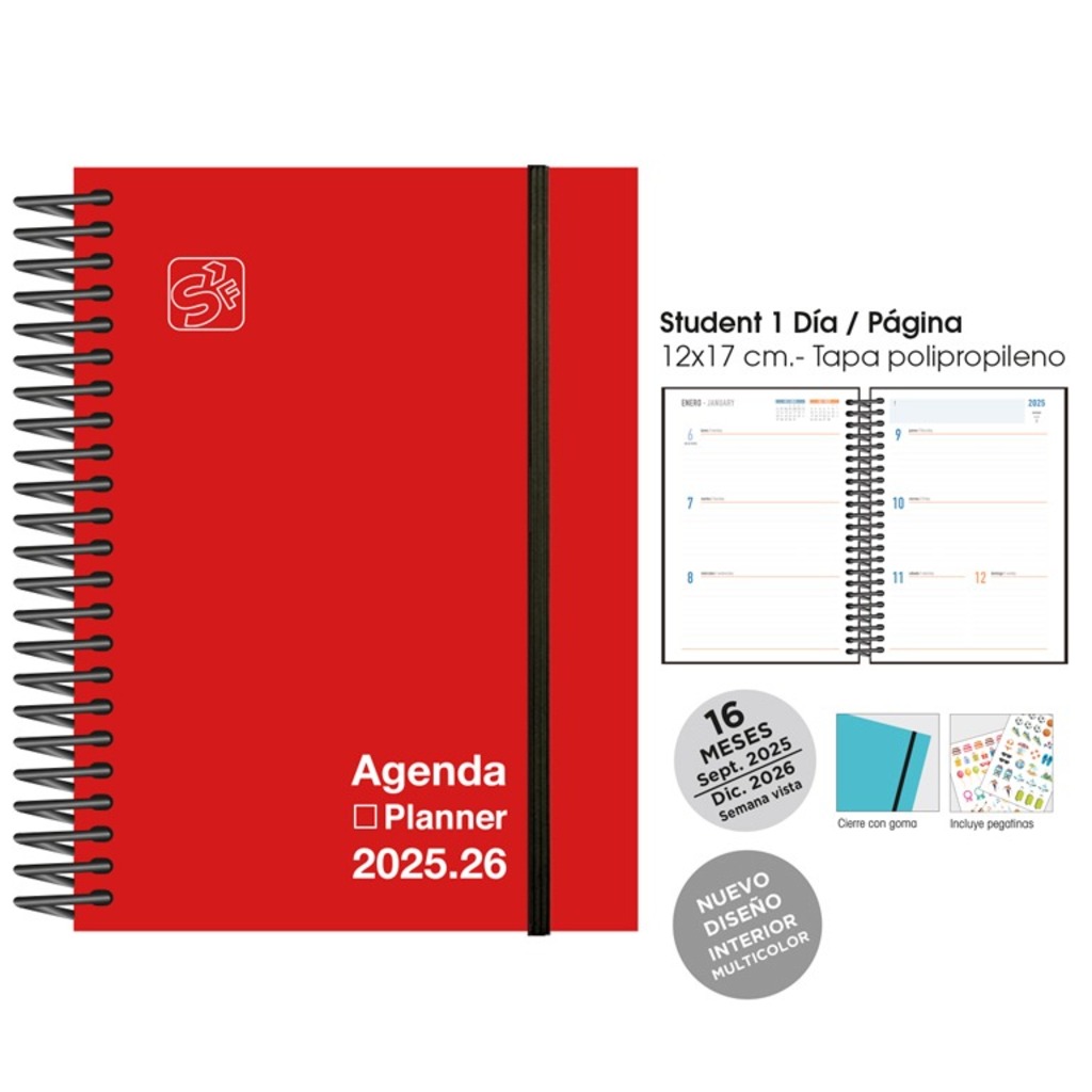 agenda esc. s/v 15x21 25/26 16m. rojo