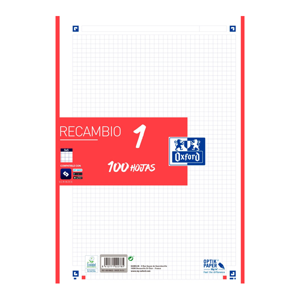 recambio a4 oxford 100h 90gr 5x5 rojo