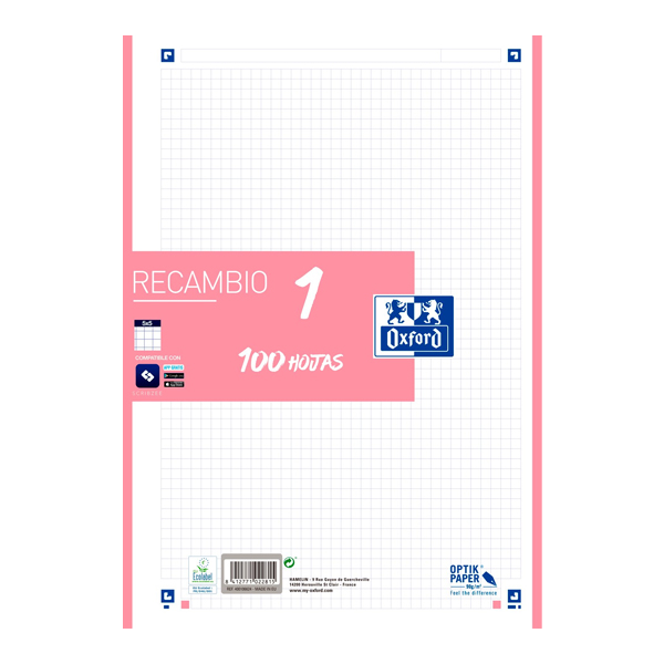 recambio a4 oxford 100h 90gr 5x5 rosa