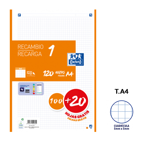 recambio a4 oxford 100h 90gr 5x5 naranja