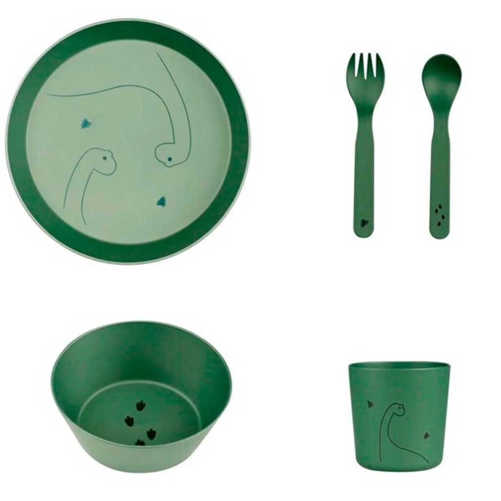 citron vajilla y cubiertos dino verde