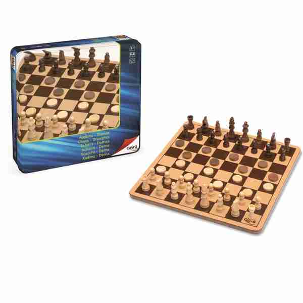 ajedrez y damas en caja de metal