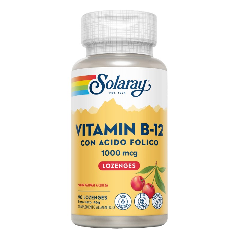 Vitamina B12 con ácido fólico 1000 mcg Solaray 90 comprimidos sublinguales