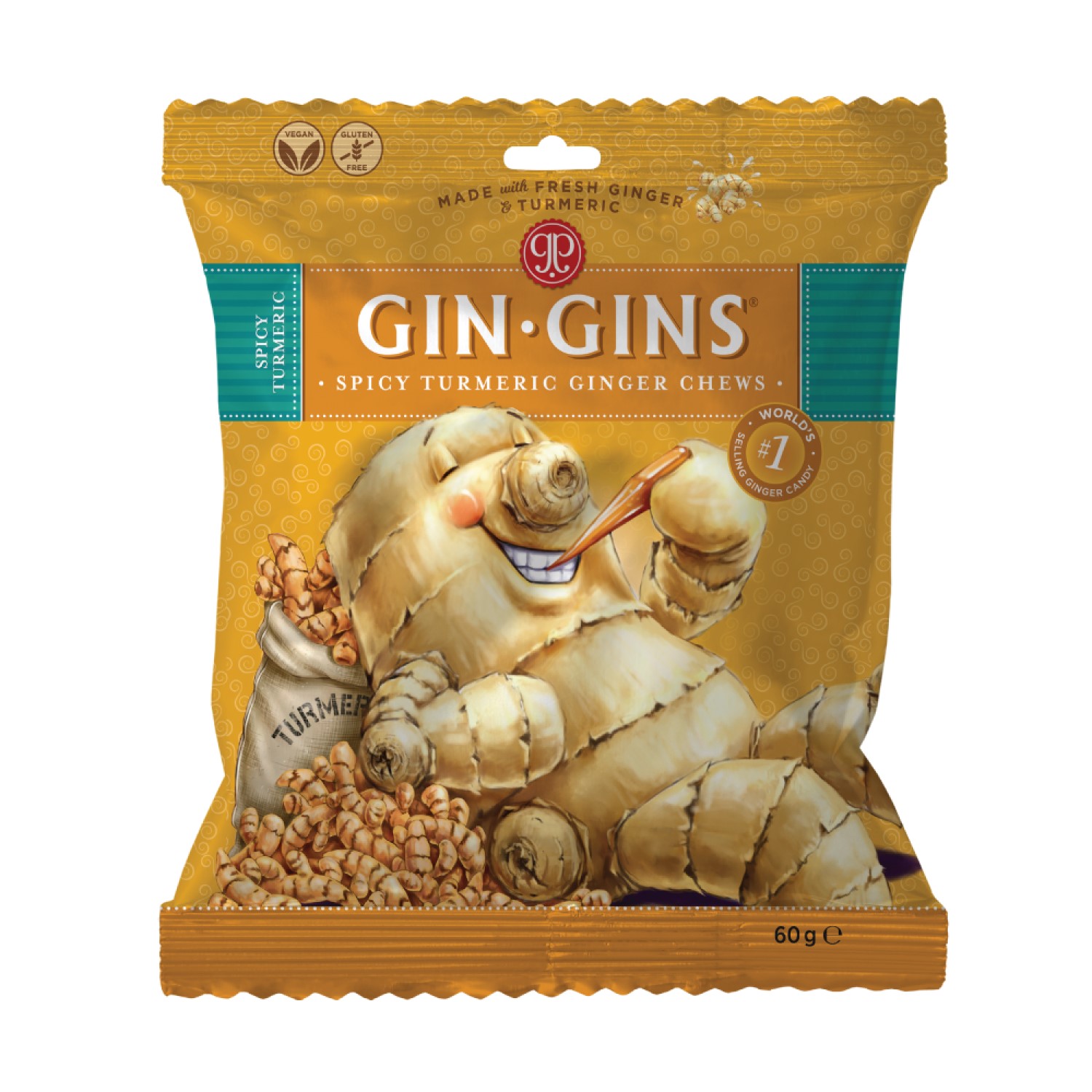 Caramelos masticables de jengibre y cúrcuma  Gin Gins The Ginger People 60g