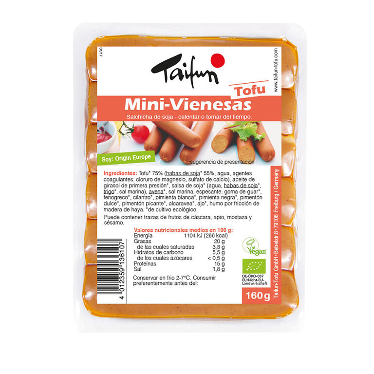 Mini-Vienesas Veganas Taifun 160g   con Tofu Ecológico y Sabor Ahumado Natural