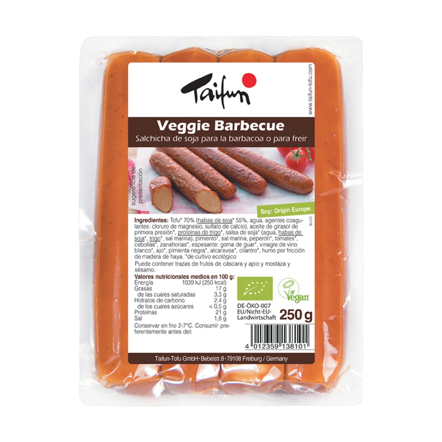 Salchichas veggie bratwurst barbacoa Taifún 250g | ecológico