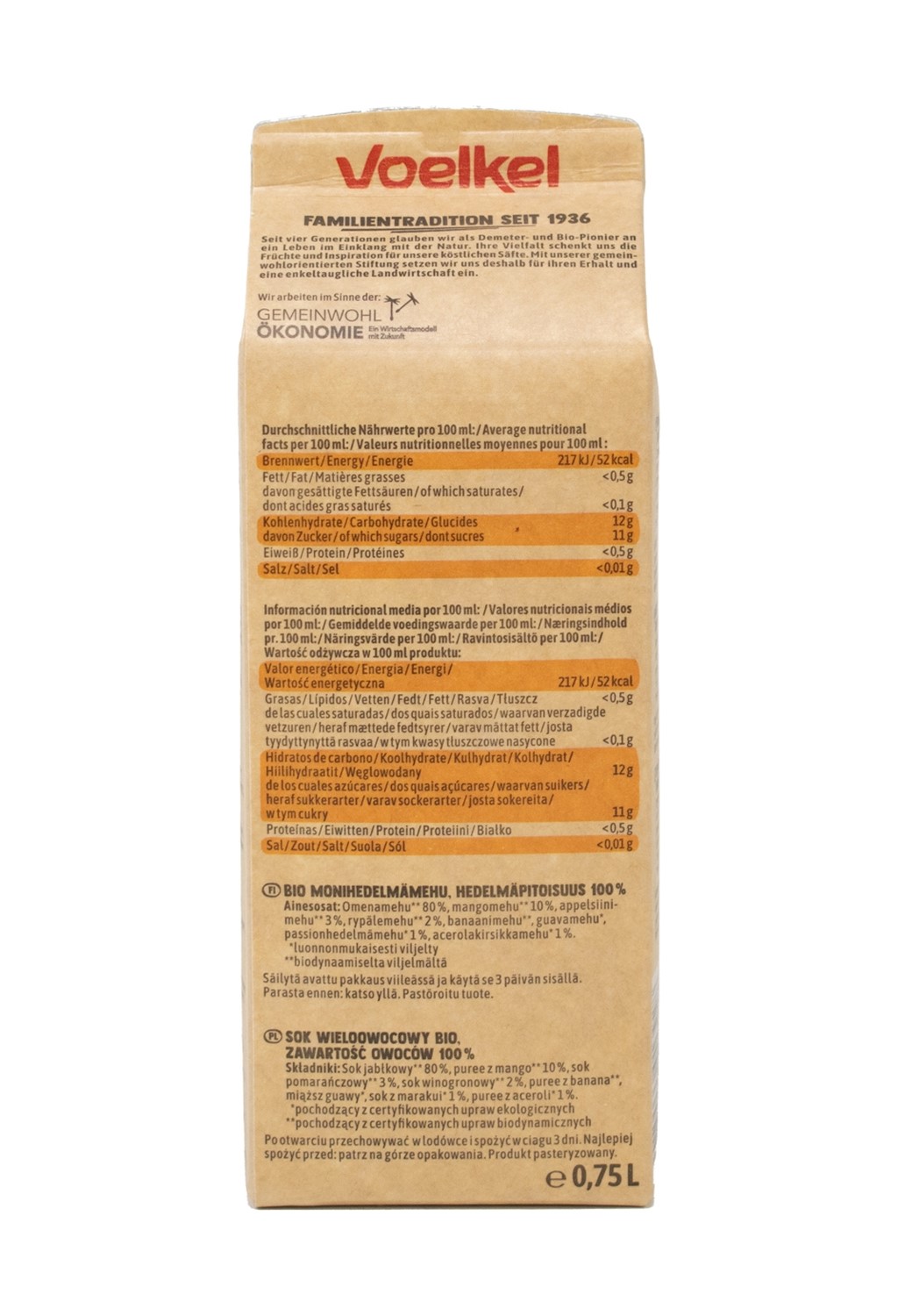Zumo Multifrutas de Mango Ecológico   Voelkel Demeter 0,75 L 2