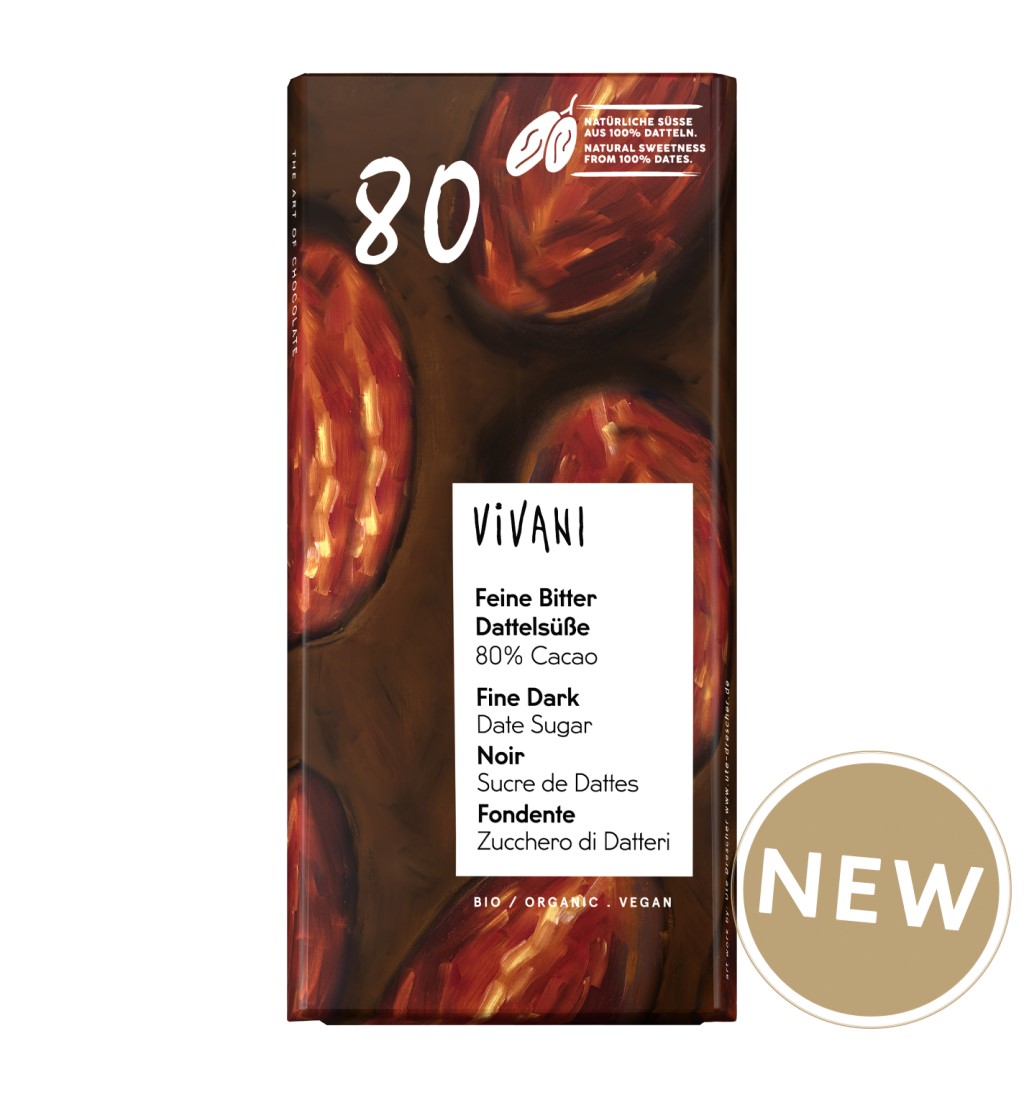 Chocolaet Negro 80% de Cacao Endulzado 100% por Dátiles 80g Vivani | Ecológico