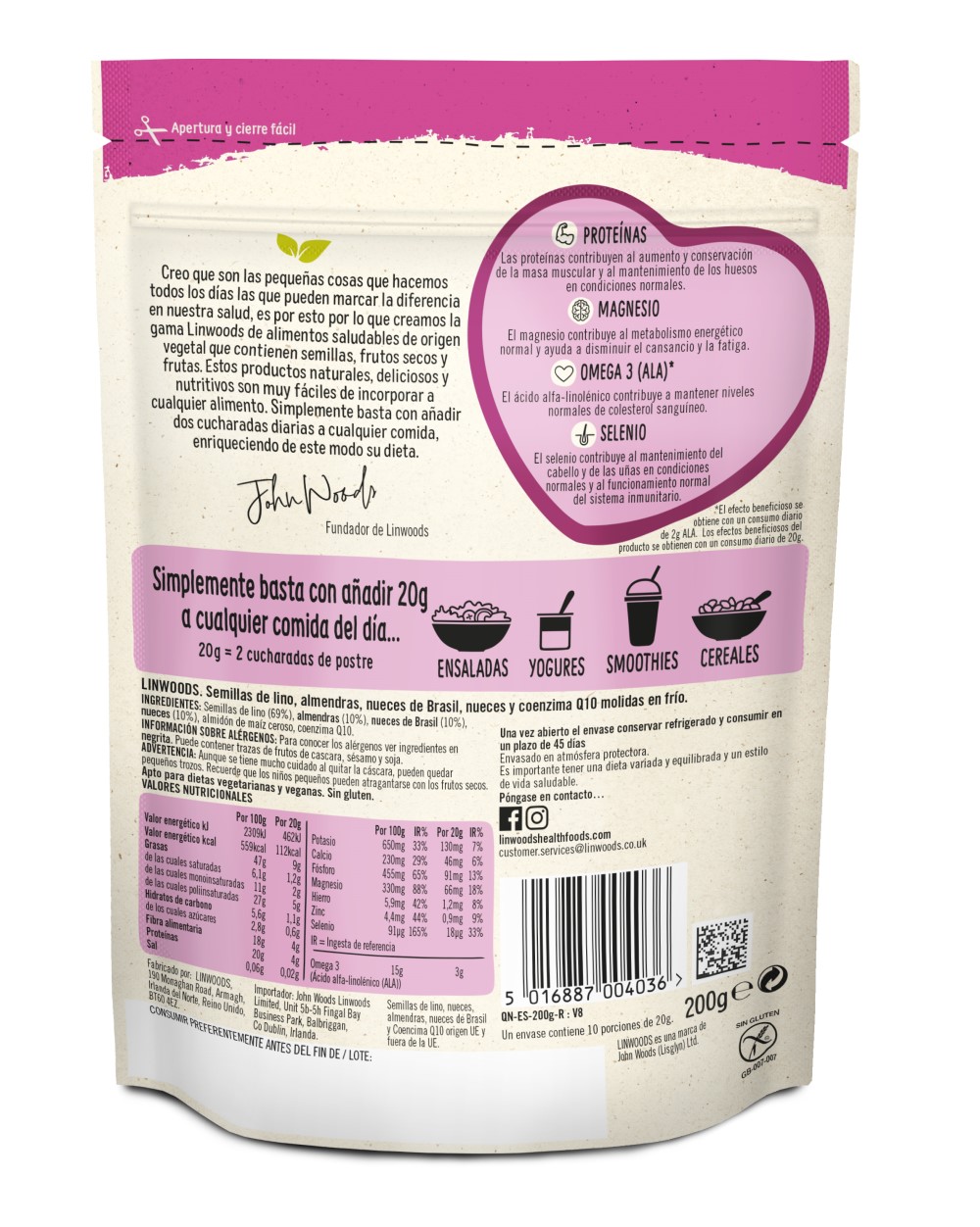 Semillas de lino nueces almendras y coenzima Q10 200g Linwoods | ecológico 2