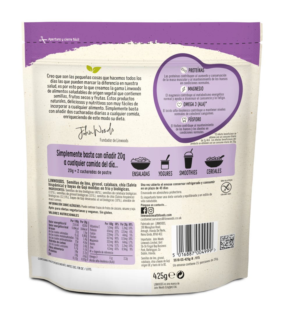 Semillas de lino girasol calabaza chía y goji 425g Linwoods | ecológico 2