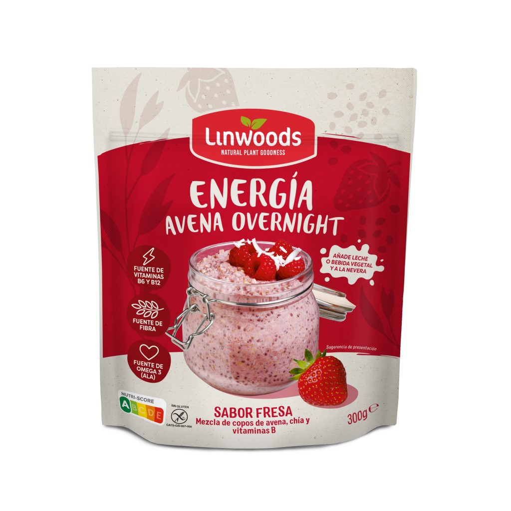 Linwoods Energía Avena Overnight   Sabor Fresa | Desayuno con Vitaminas B y Fibra | 300 g