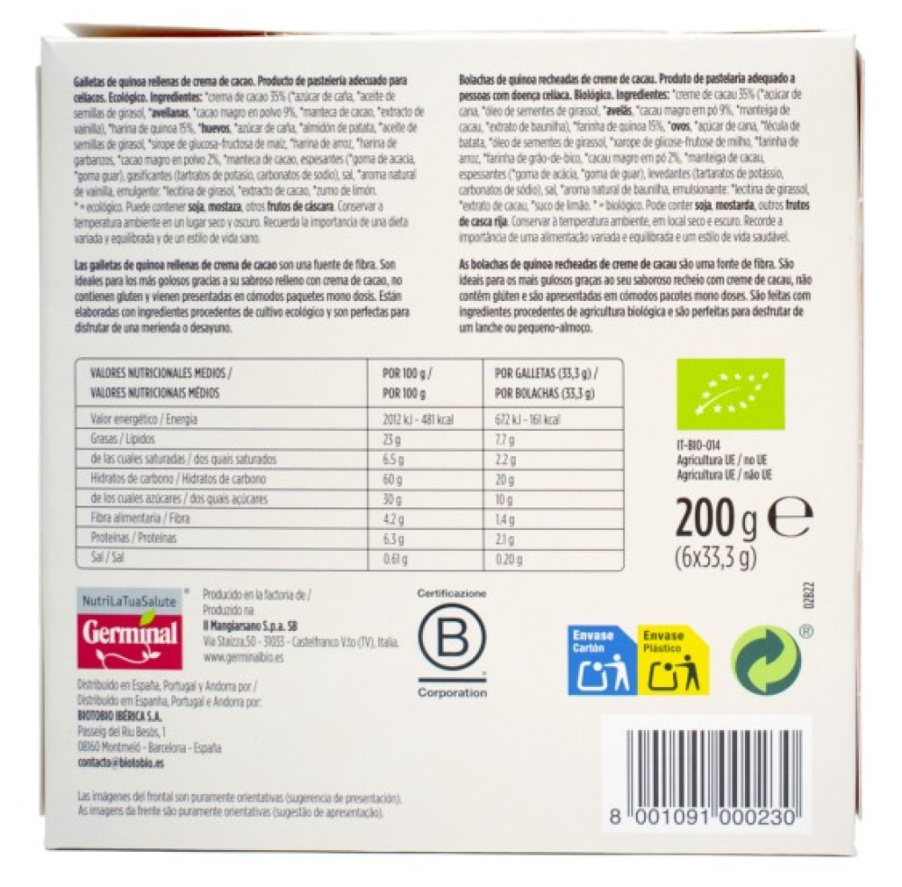 Galletas sin gluten de quinoa rellenas de cacao 200g Germinal | ecológico 2