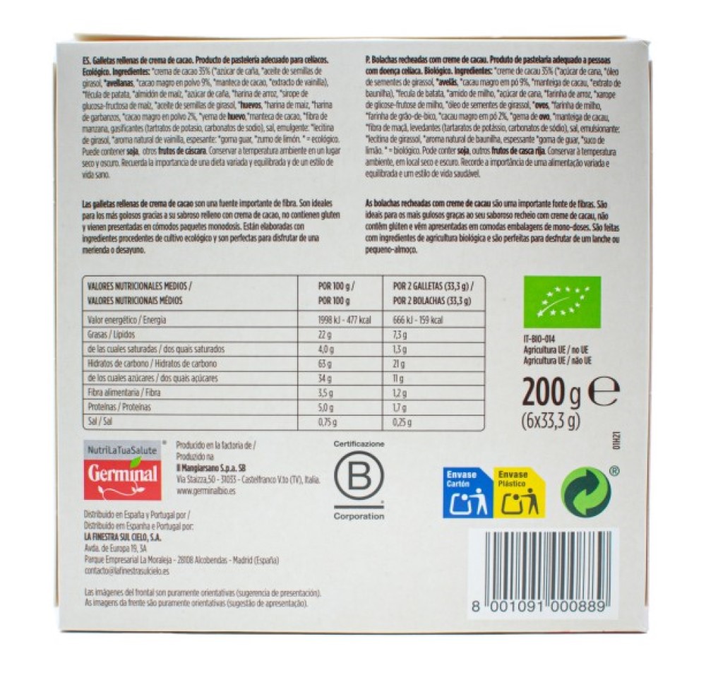 Galletas sin gluten rellenas de cacao 200g Germinal | ecológico 2