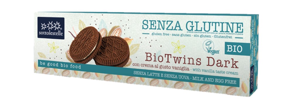 Galletas sin gluten Biotwins cacao rellenas de vainilla Sottolestelle 125g | ecológicas
