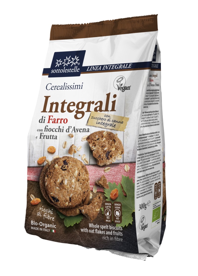 Galleta integral Sottolestelle de espelta con copos de avena y fruta 300g | Ecológico