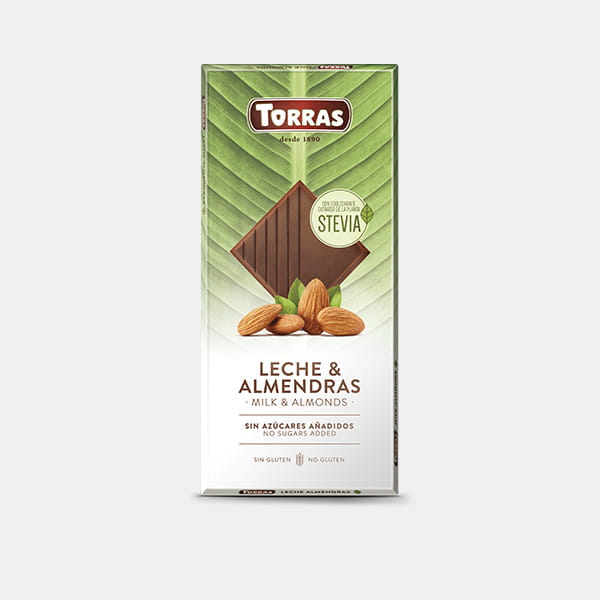 Chocolate con leche almendras y stevia 0% azúcares Torras 125g