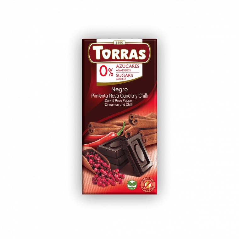 Chocolate Negro Sin Azúcar Con Pimienta Rosa Canela y Chili 75g Torras