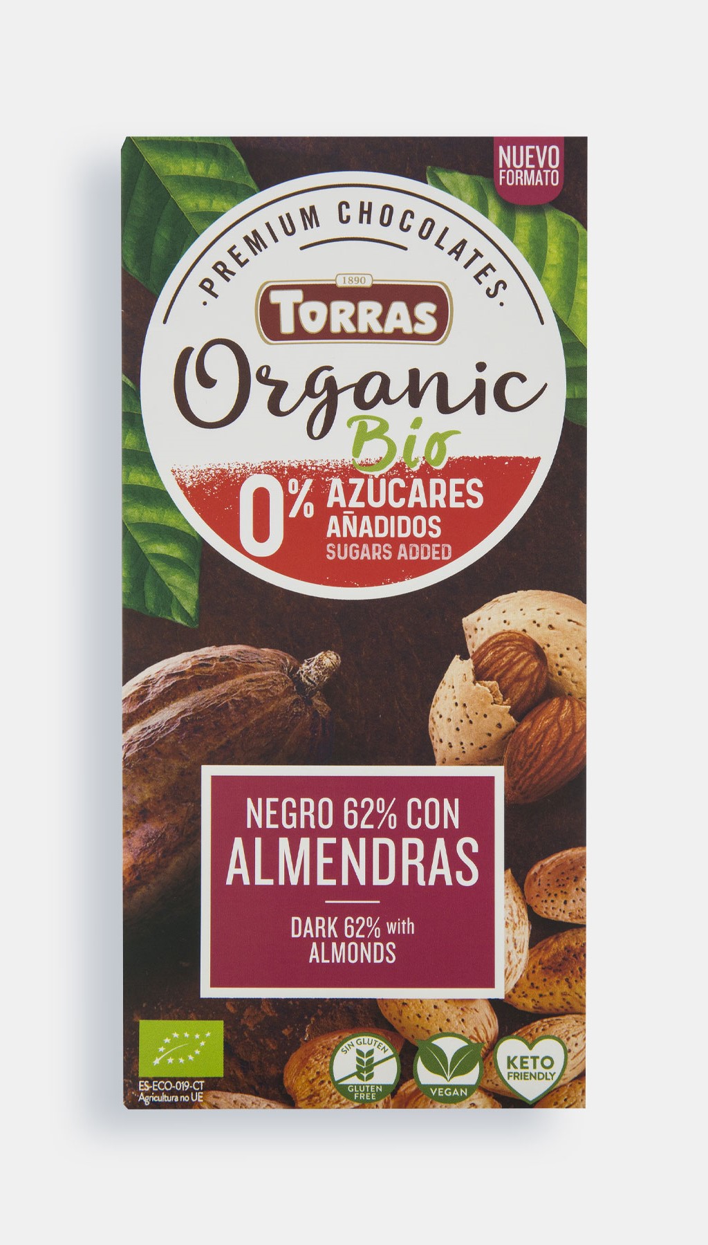 Chocolate negro 62% con almendras 0% azúcares añadidos Torras 100g | ecológico