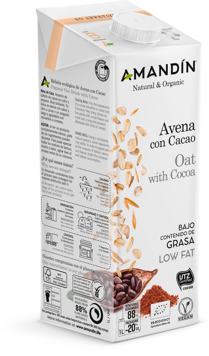Bebida de avena con cacao 1L Amandín | ecológico 3
