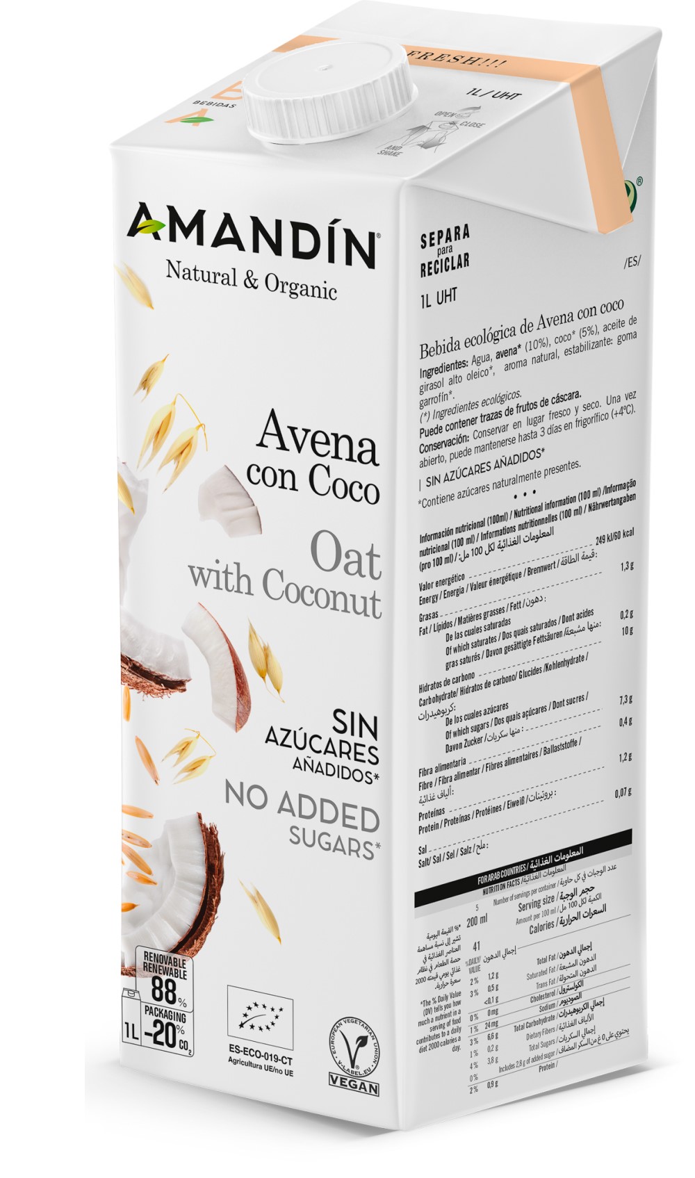Bebida de avena con coco 1L Amandín | ecológico 2