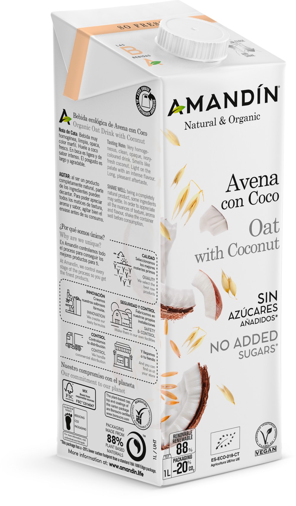 Bebida de avena con coco 1L Amandín | ecológico 3