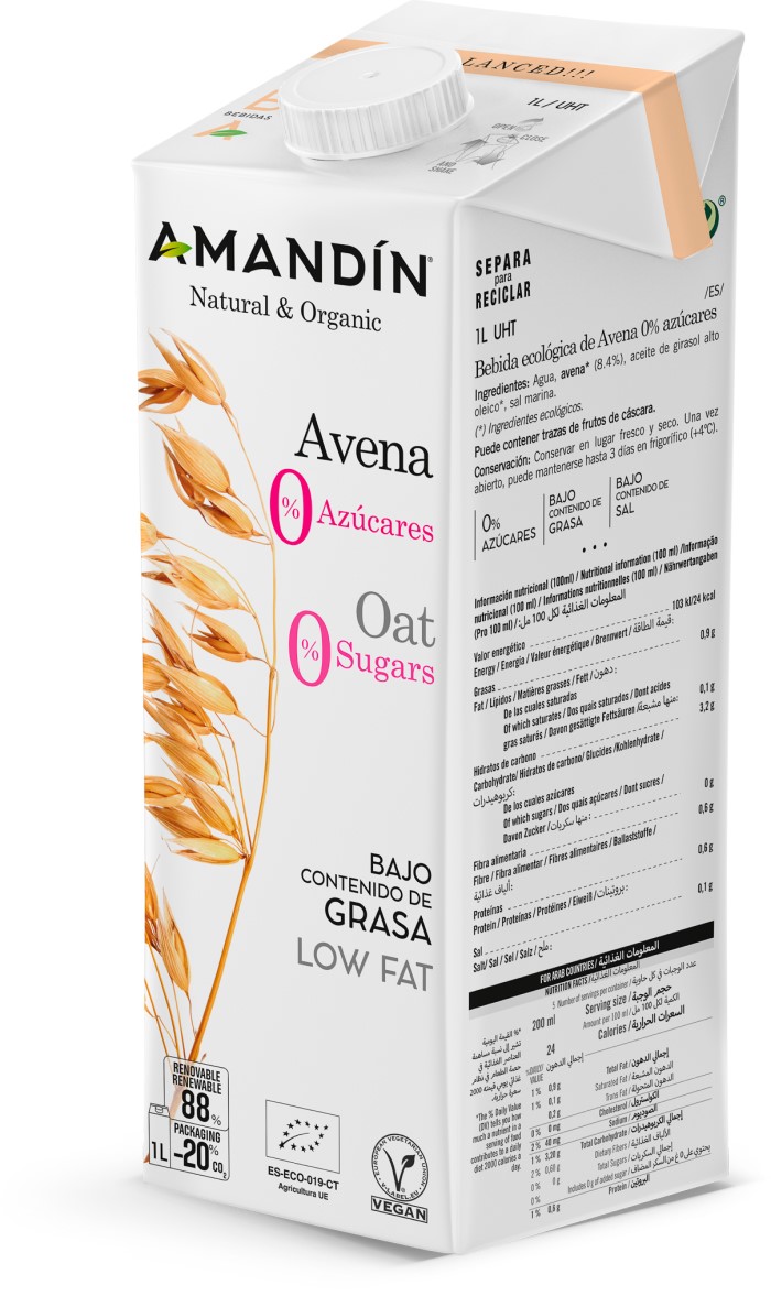 Bebida de avena 0% azúcares 1L Amandín | ecológico 2
