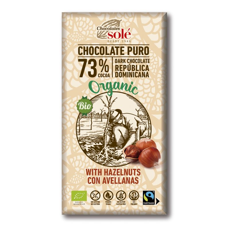 SOLE - CHOCOLATE NEGRO 73% CON AVELLANAS 150g BIO