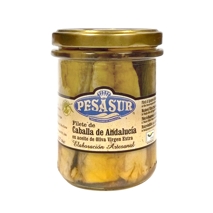 Filete de caballa de Andalucía en aceite de oliva ecológico frasco 195g Pesasur