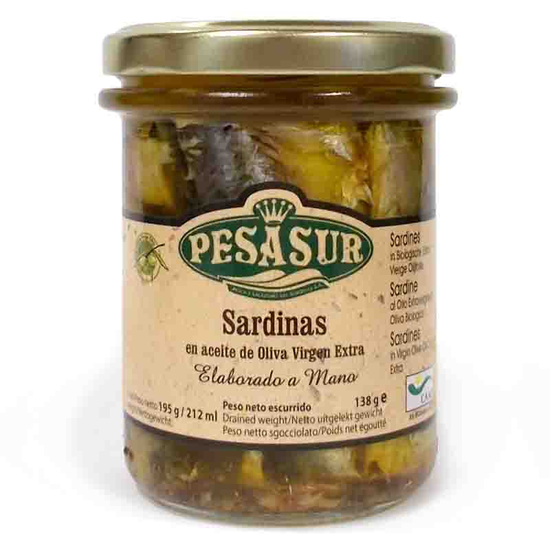 Sardinas en aceite de oliva ecológico frasco 195g Pesasur