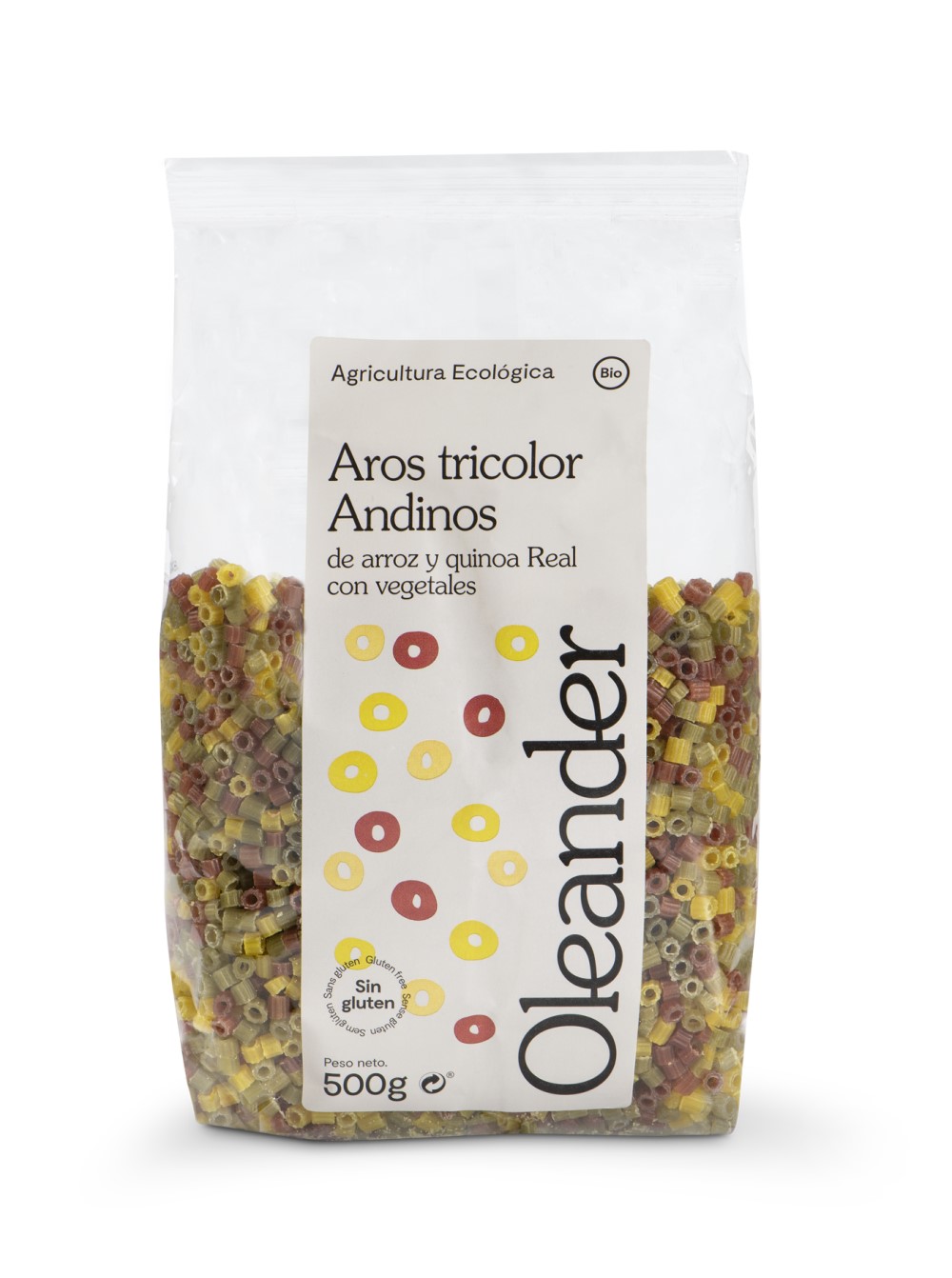 Aros Tricolor sin gluten de arroz y quinoa real con vegetales Oleander 500g | ecológico