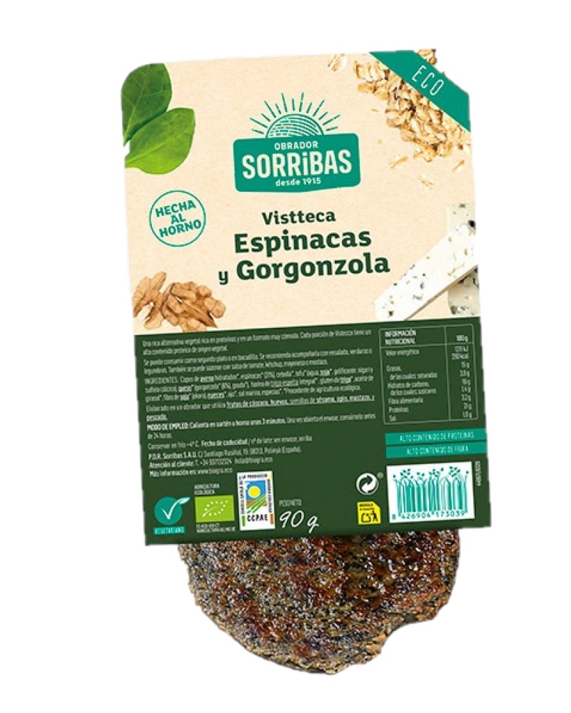 Vistteca espinacas y queso gorgonzola Obrador Sorribas 90g | ecológico