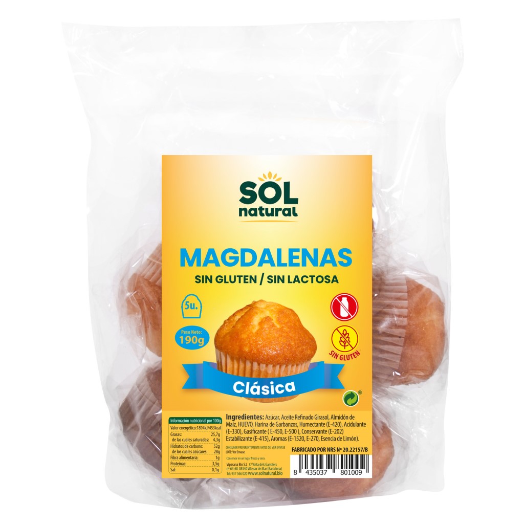 Magdalenas Clásicas Sin Gluten y Sin Lactosa Sol Natural 190g   Esponjosas y Deliciosas