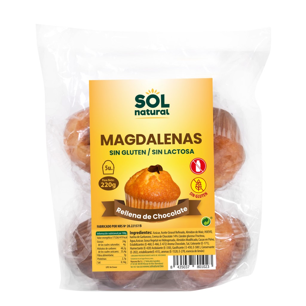 Magdalenas de Chocolate Sin Gluten y Sin Lactosa Sol Natural 220g   Rellenas y Esponjosas