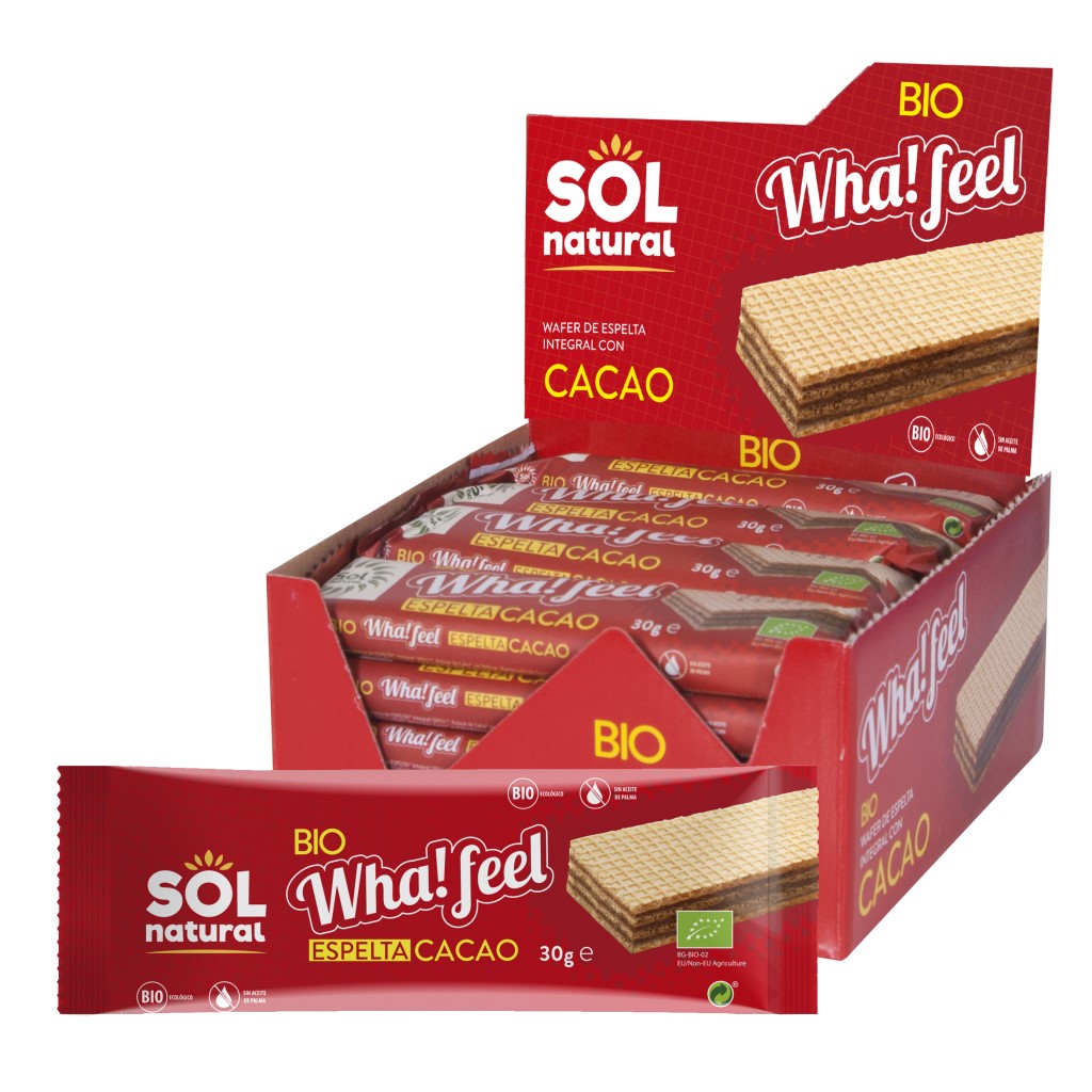 Wha! Feel Snack de Espelta y Cacao Bio Sol Natural 30g   Barquillo Ecológico Crujiente