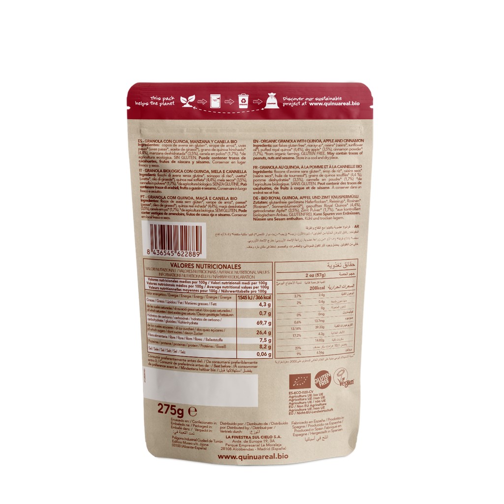 Granola ecológica con manzana y canela Quinua Real 275g 2