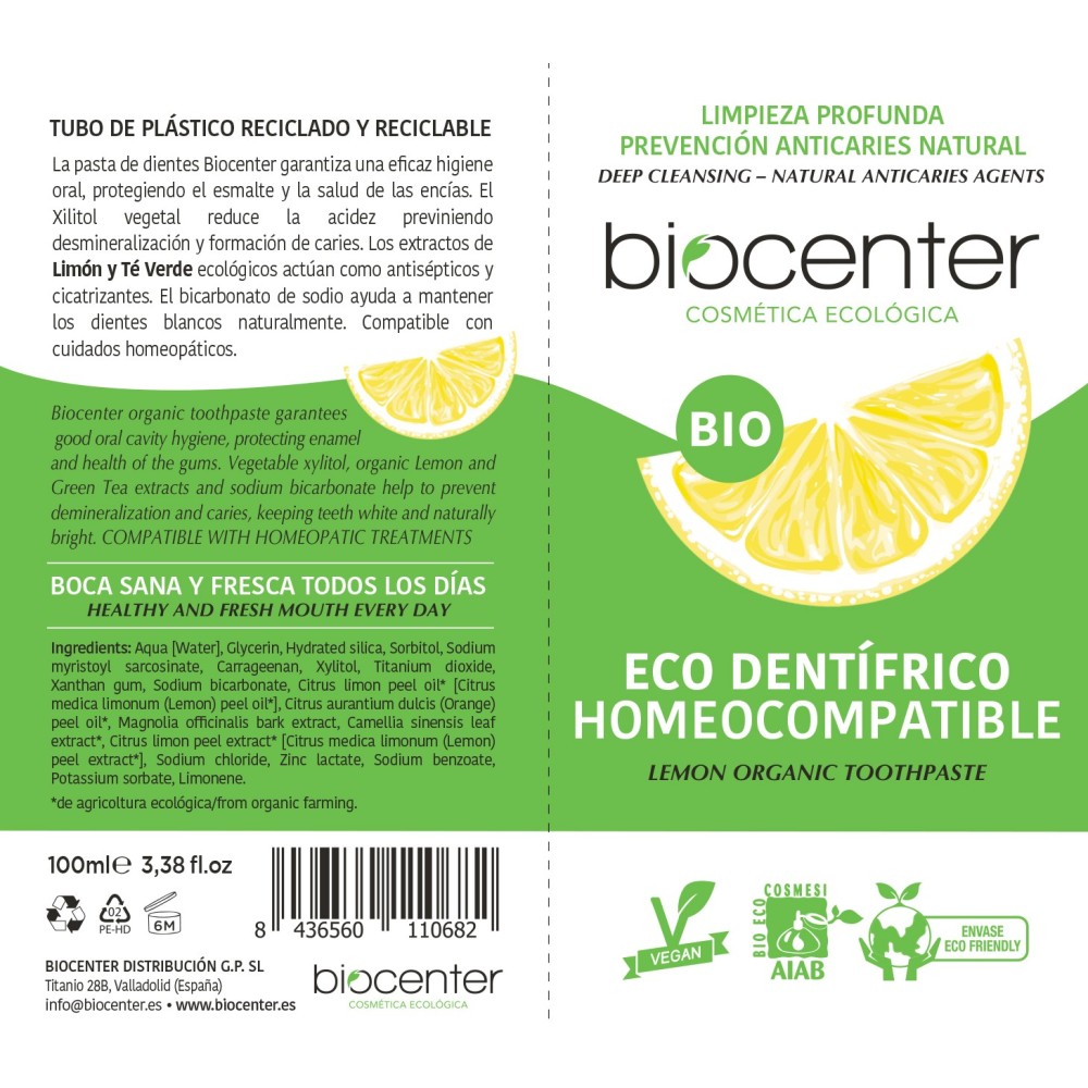 Dentífrico homeocompatible limón y té verde Biocenter 100ml 2