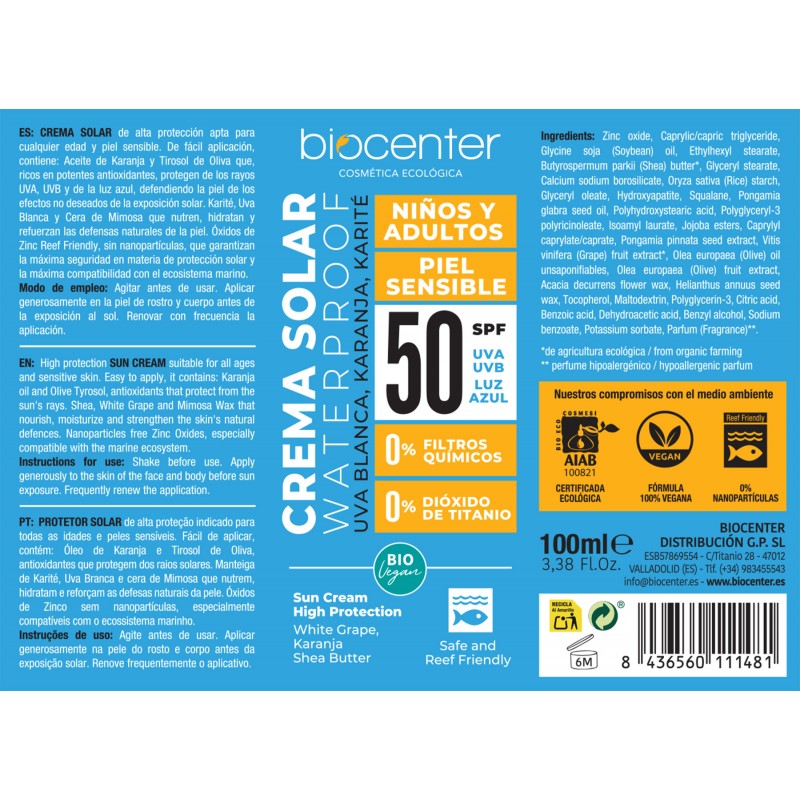 Crema Solar 50 SPF Waterproof Biocenter 100ml | Niños y adultos | Piel Sensible | Cosmética Ecológica 4