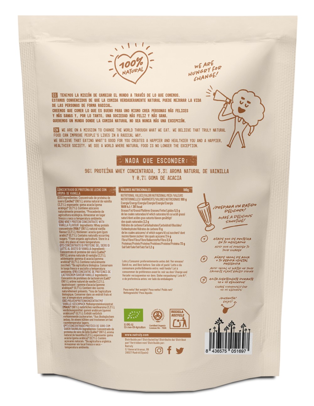 Proteína whey vainilla sin azúcares añadidos Natruly 360g | Ecológico 2